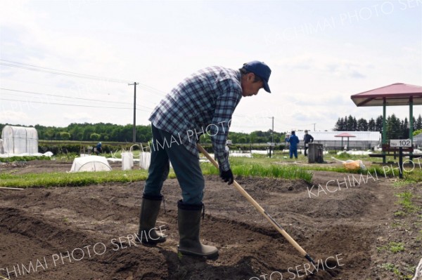 土を耕し、種まきの準備をする利用者