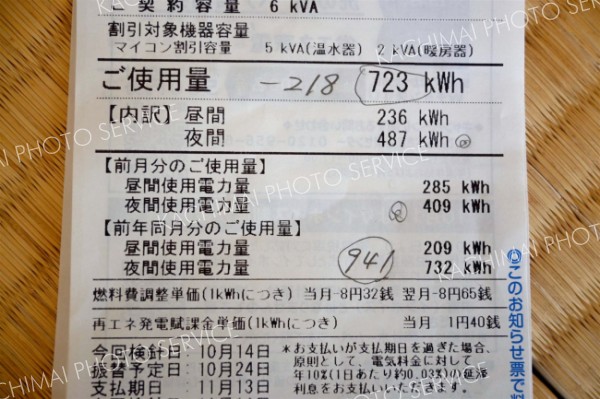 冨樫さん宅の１０月の検針票。前年同時期と比べ２１８キロワットの電気使用量節約に成功した