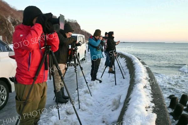 広尾町のフンベ海岸沿いで日の出を撮影するフォトツアーの参加者
