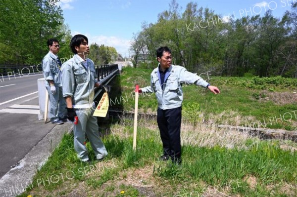 看板設置の準備をする市の担当者（帯広市西１９南４１の空南橋、午前１０時４５分ごろ）