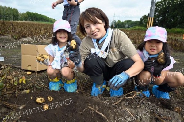 畑でジャガイモの収穫を楽しむ親子ら