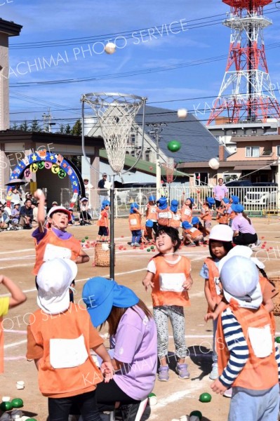 玉入れを楽しむ園児（１４日、午前９時半ごろ、帯広市内の藤幼稚園で。金野和彦撮影）