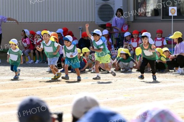 徒競走で元気よく走る園児（１４日、午前９時半ごろ。帯広市内の藤幼稚園で。金野和彦撮影）