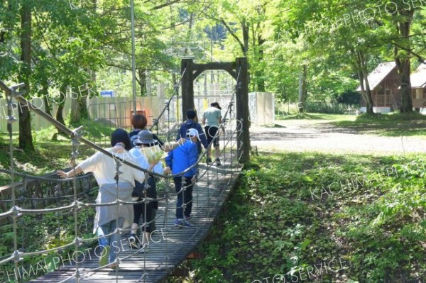 園地内を散策する児童と北大生