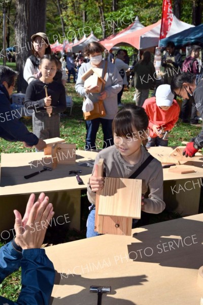 バードハウスを作る子ども（５日午前１１時ごろ。本別公園静山キャンプ村で。金野和彦撮影）