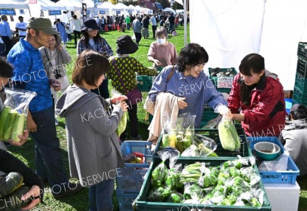 音更町で収穫された旬の野菜などを買い求める来場者（６日午前１１時ごろ、道の駅おとふけで。金野和彦撮影）