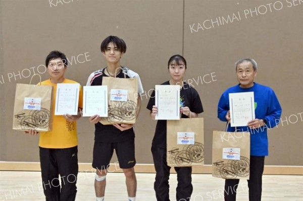 シングルス各部の優勝者。左から３部の阿部将大、１部の清水吏、