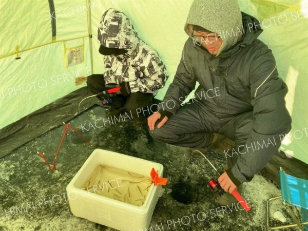 ホロカヤントーでワカサギ釣りを楽しむ親子（４日午前８時ごろ）