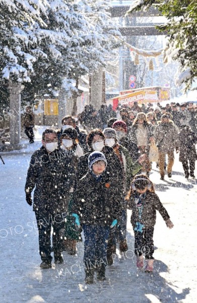 ３１日に降り積もった雪が木々の枝から降り注ぎ、きらきらした粉雪が参拝客の目を楽しませた（１日、帯廣神社で。金野和彦撮影）