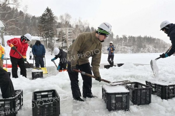 シャーベット状の雪をコンテナに詰め込む作業