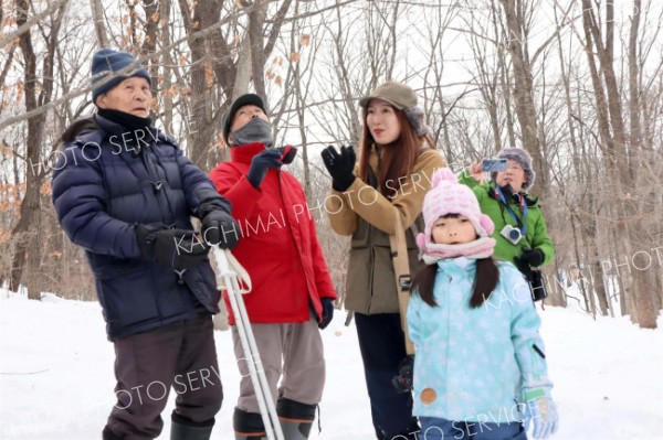 雪の野草園を散策し冬芽を観察して周った参加者