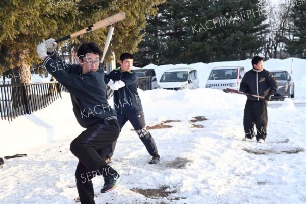 芽室高野球部、大雪で屋内練習場失う　屋外で素振り、懸命に活動続ける