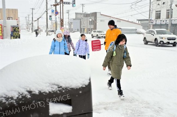 降雪の中、登校する児童（６日午前７時４５分ごろ、大樹町内で。金野和彦撮影）