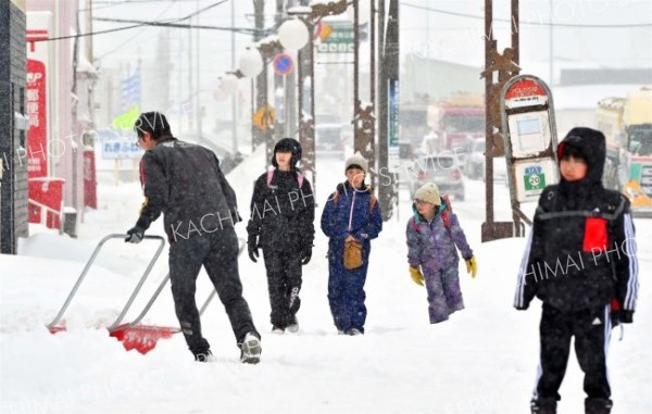 降雪の中、登校する児童（６日午前７時５０分ごろ、大樹町内で。金野和彦撮影）