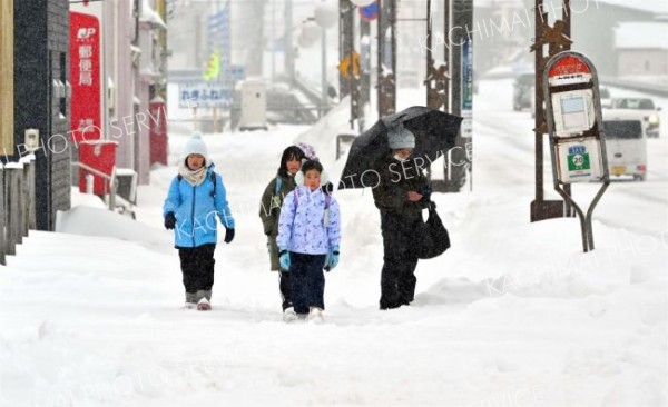 降雪の中、登校する児童（６日午前７時４５分ごろ、大樹町内で。金野和彦撮影）