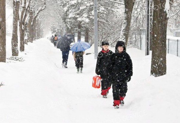 雪が降る中、登校する生徒ら（６日午前８時１０分ごろ、幕別札内南小付近で、村瀬恵理子撮影）