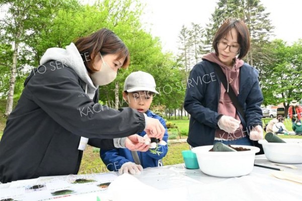 花の鉢上げ体験に挑戦した親子