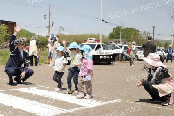 横断歩道の渡り方を学ぶ園児