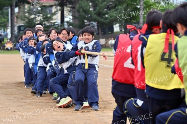 ２チームに分かれて力いっぱい綱を引く男子生徒（３１日、帯広川西、塩原真撮影）