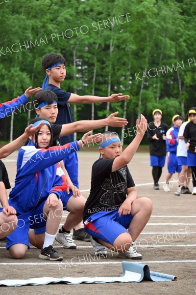 青組ダンスの最後のポーズもばっちり決まった（３１日、更別中央、近藤周撮影）