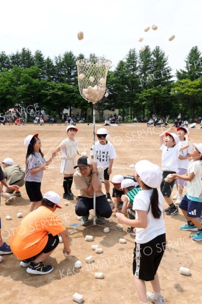 「わくわく玉入れ」で元気いっぱい玉を投げる２年生の児童ら（７日、帯広、助川かおる通信員撮影）