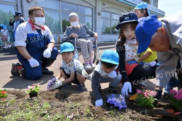 造成したガーデンに花苗を植栽する参加者ら