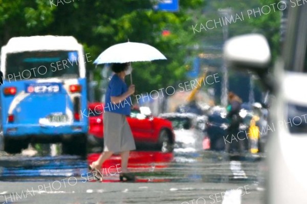 熱せられたアスファルトの上を日傘を差して歩く通行人（８日午前１１時半ごろ、市内西１南１０。金野和彦撮影