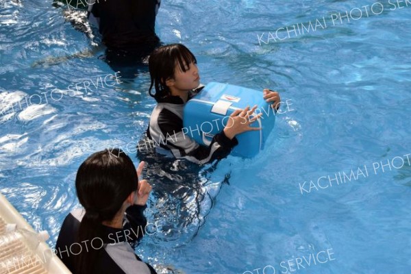 クーラーボックスで浮力を確認する生徒