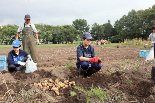 恩田さん（左から２人目）とジャガイモの収穫に挑戦する児童ら