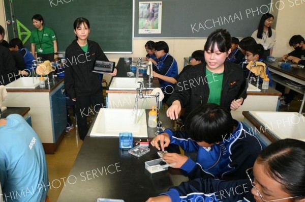 函館高専「理系女子実験隊」のアドバイスに耳を傾ける大樹中の生徒たち