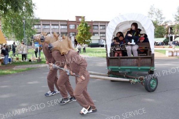 会場内で運行した人力馬車（助川かおる通信員撮影）