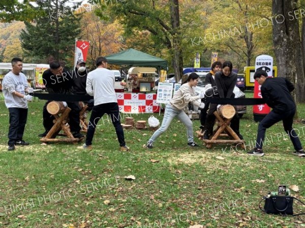 丸太切り大会で熱戦　本別でツリーフェス