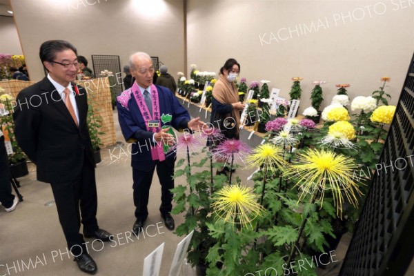 菊について解説する帯広菊花同好会の高井信夫会長（中央）と、耳を傾ける米沢則寿帯広市長（左）（助川かおる通信員撮影）