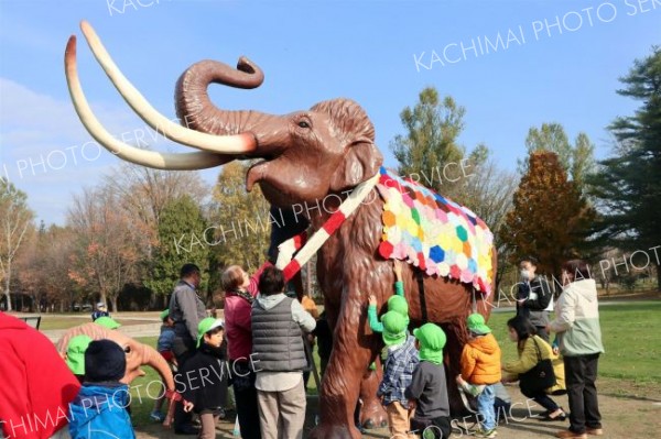 ナウマンゾウの親子模型にブランケットとマフラーを取り付ける園児ら