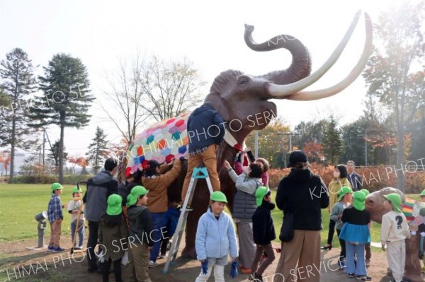 ナウマンゾウの親子模型にブランケットとマフラーを取り付ける園児ら