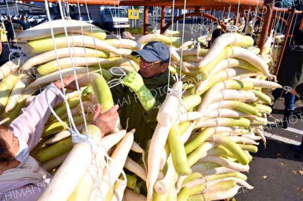 平和園札内店で、漬け物用のダイコン干し（金野和彦撮影）