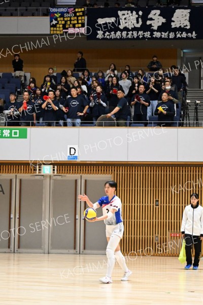 さぁ、ここで１本―。サーブを打つ帯広南商業高校の選手に観客席から熱い声援を送る父母たち（６日、札幌市の北海きたえーるで。須貝拓也撮影）