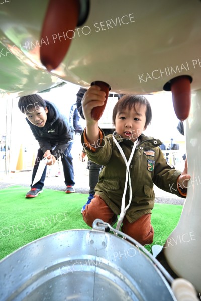 牛さんから乳しぼれた―。「めむろ大感謝祭２０２５」の搾乳体験コーナーで乳しぼりに挑戦する子ども（２３日、ＪＡめむろ特設会場で。須貝拓也撮影）