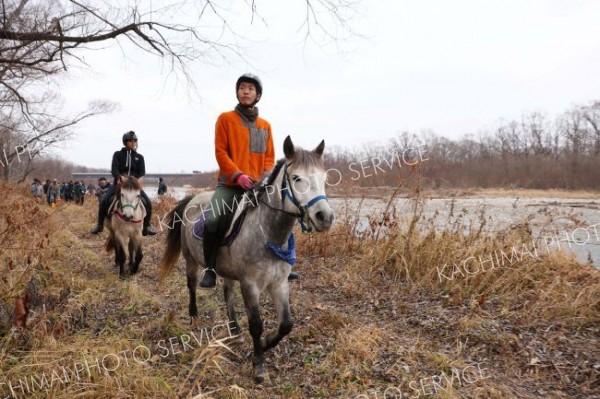 騎馬パトロールで河川敷を見回る帯広畜産大学の学生（助川かおる通信員撮影）