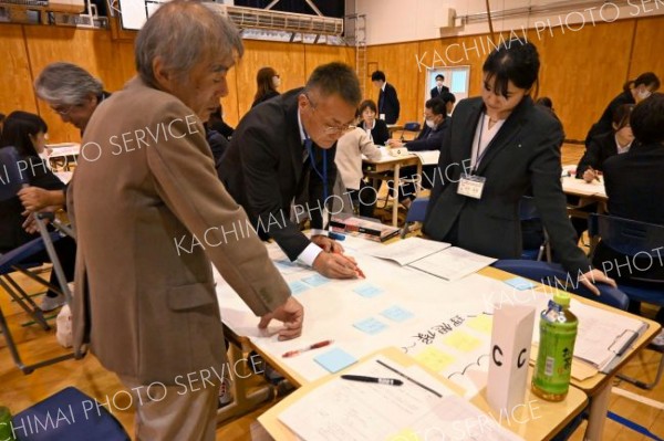 こども園から高校までの職員らが集まり、グループワークで意見交換する様子