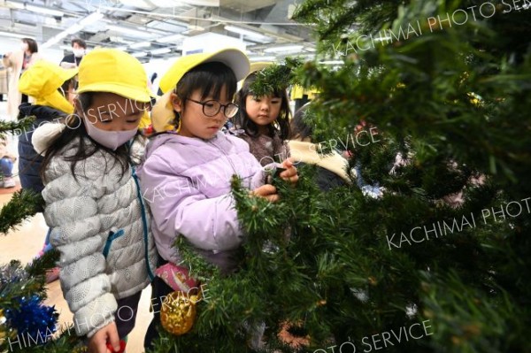 クリスマスツリーに飾り付けを施す園児たち（須貝拓也撮影）