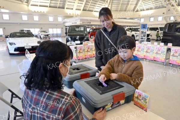 抽選会でスクラッチカードを引く子ども（１３日午前１１時４０分ごろ。帯広市内の日産ドーム店で。金野和彦撮影）