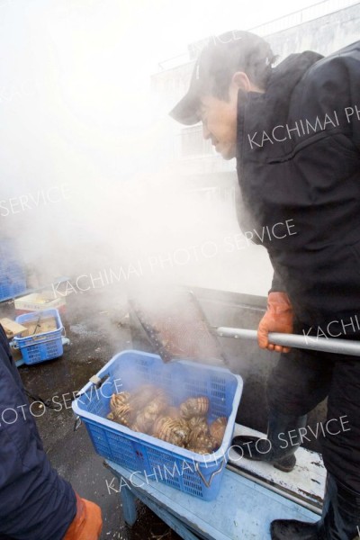 釜ゆでされた毛ガニ。産地直売の味を豪快にゆで上げる様子は圧巻だ