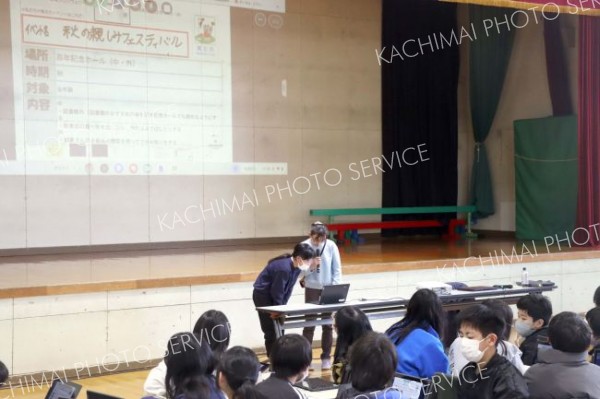 地域活性化のアイデアを発表する児童