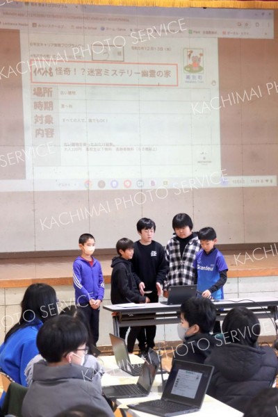 地域活性化のアイデアを発表する児童