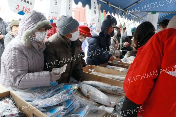 毛ガニやサケ、ツブ人気　大樹漁協が直売会