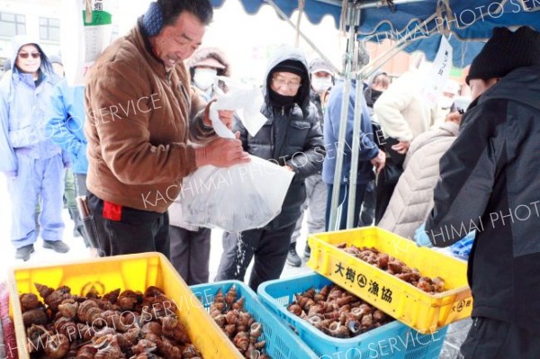 旬の海産物を買い求める人たち