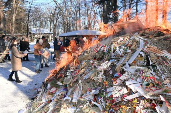 御神火が点火された焼納場に正月飾りを投げ入れる参拝者（１５日午前９時４０分ごろ、須貝拓也撮影）