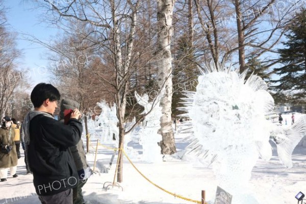 「第２０回全国氷彫刻展冬季帯広大会」の作品を鑑賞する来場者（１日午前１０時２０分ごろ、平栗玲香通信員撮影）