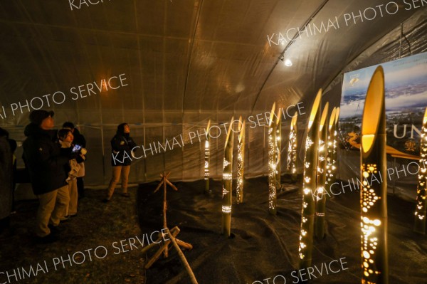 <strong>＜和の美＞</strong><br>スタッフが手作りした竹アート。表面には穴が空いており、内部の照明の光がもれだす。光のプロムナード内の一角に設けた写真撮影コーナーは人気を博している